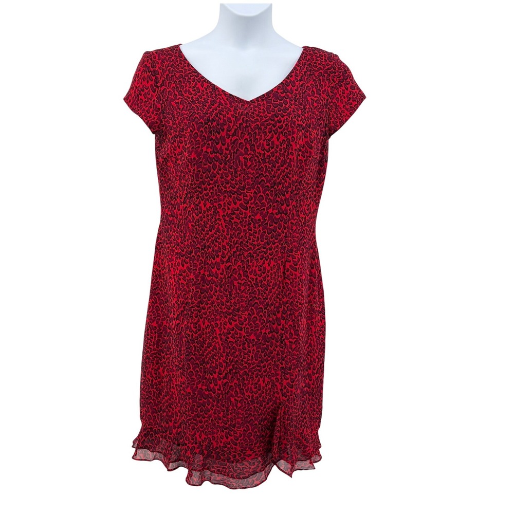 Sheath Dress Womens 14 Red Black Silk Leopard Ruffle Hem Classy Romantic Elegant